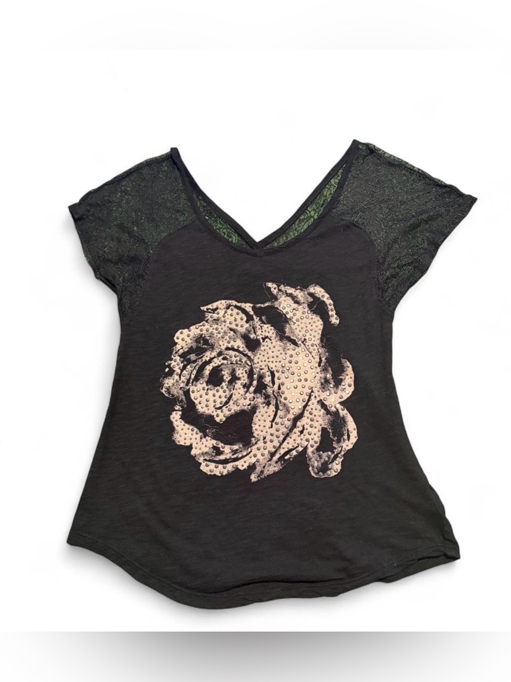 Express Black V-Neck Tee with Studded Rose Graphic